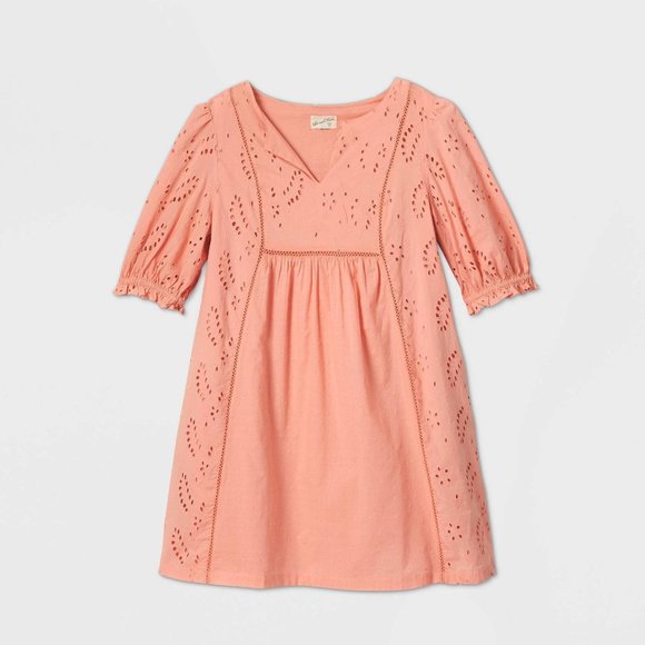 Universal Thread Dresses & Skirts - Women's Balloon Elbow Sleeve Eyelet Dress Pink